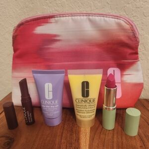 Clinique 5 Piece Set, Makeup Bag, Lipstick, Moisturizer, Face Wash